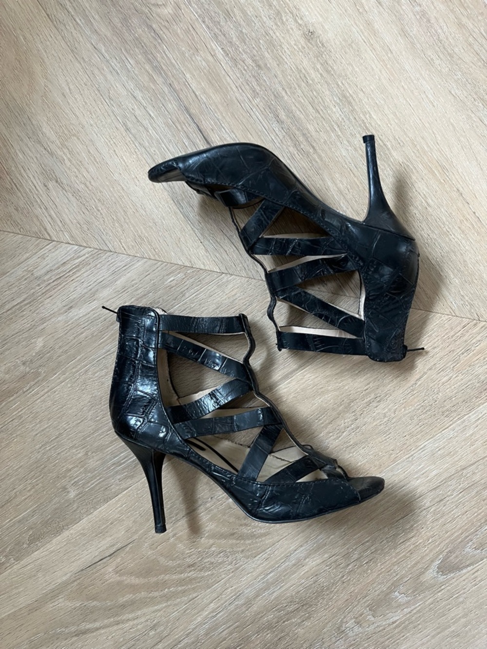 Zara Black Croc-Embossed Strappy High Heel Sandals